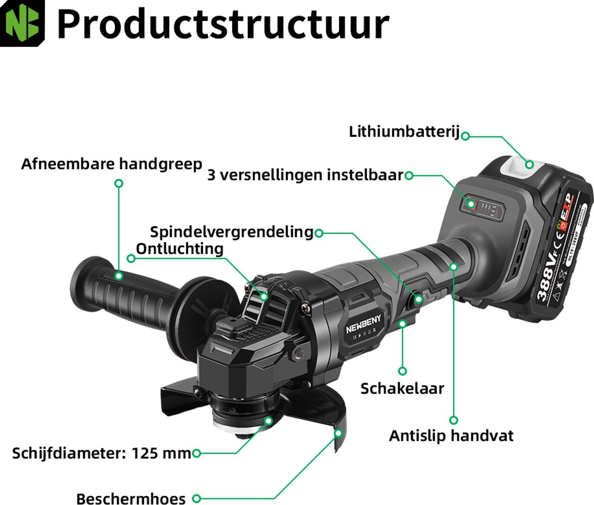 NewBeny Accu Haakse Slijper 125 mm - Borstelloze Slijpmachine - met 2 x 3000 mAh accu - 600W Polijstmachine - 3 versnellingen - voor scheiden, slijpen, polijsten – foto 2