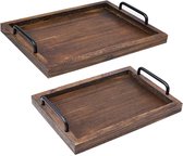 Plateaux en bois rustiques avec ensemble de poignées de 2 assiettes de nidification décoratives pour le petit-déjeuner, table basse/majordome (grand 15,8 x 11,8 x 1,1 pouces, petit 13,4 x 9,4 x 1,2 pouces)