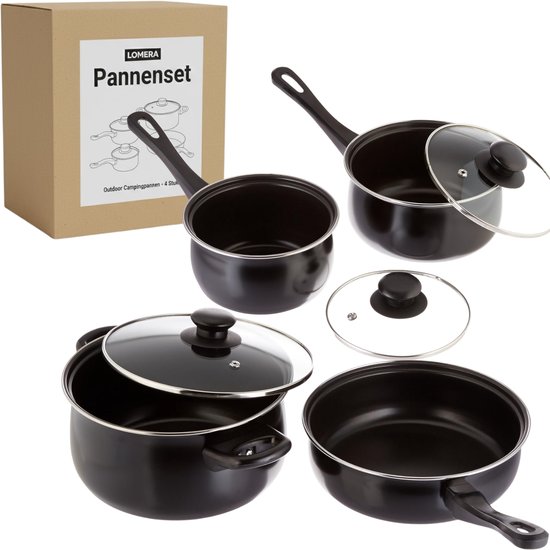 Lomera Camping Pannenset - Koken Tijdens Kamperen - Anti-Aanbaklaag - Geschikt voor Gas - 4-Delige Pannenset - Braadpan en Koekenpan - Koolstofstaal Materiaal - Kampeer Kookset - Set Camping Pan - Camping Kookgerei — afbeelding 2