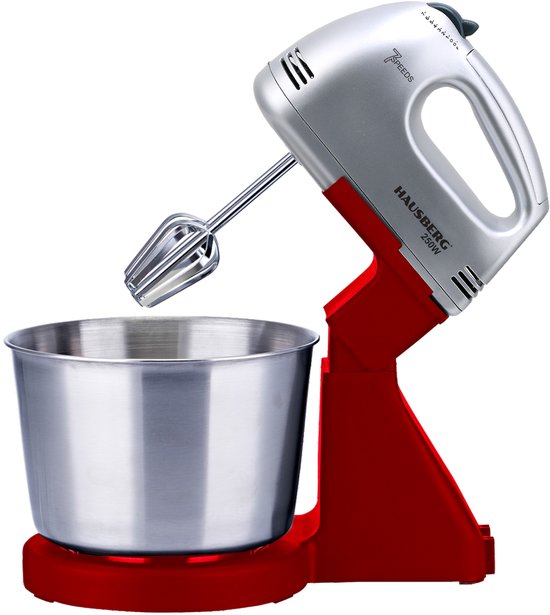 Elektrische Mixer met Mengkom – 7 Snelheden – 250W – Inclusief Kloppers & Deeghaken – Handmixer met Standaard – RVS Mengkom – Ideaal voor Beslag, Deeg & Slagroom