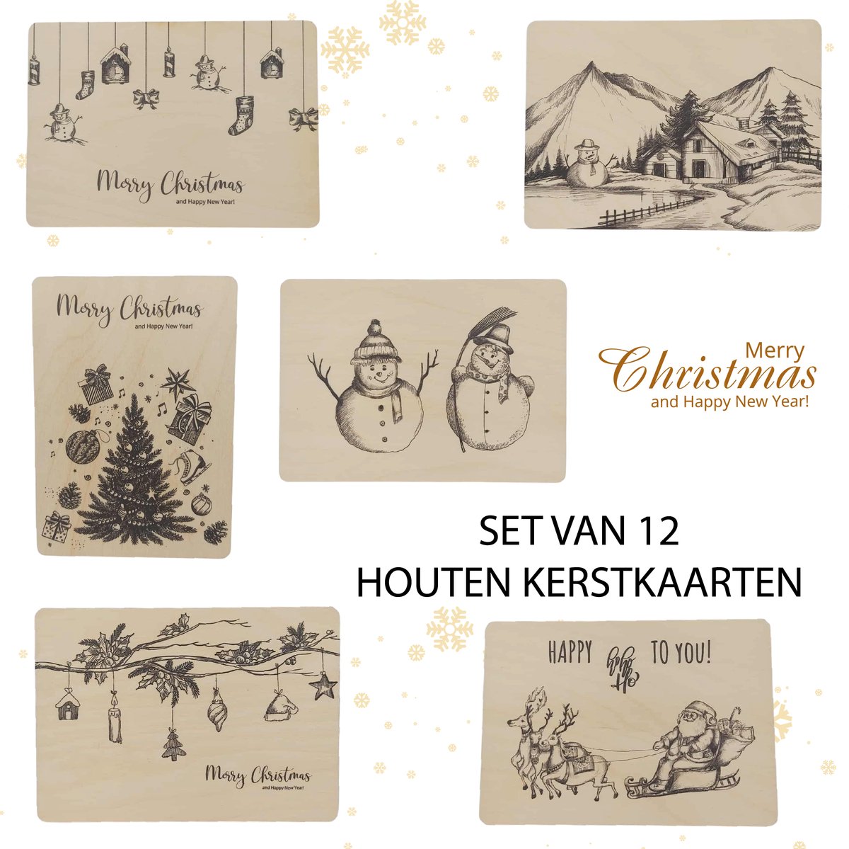 Originele Houten Wenskaarten - 12 Stuks - Kerstkaart - Bedrukt in kleur - Beukenhouten wenskaart - Kerst - Eindejaar - Kaart - Decoratie - Wensen - Houten Kaartjes