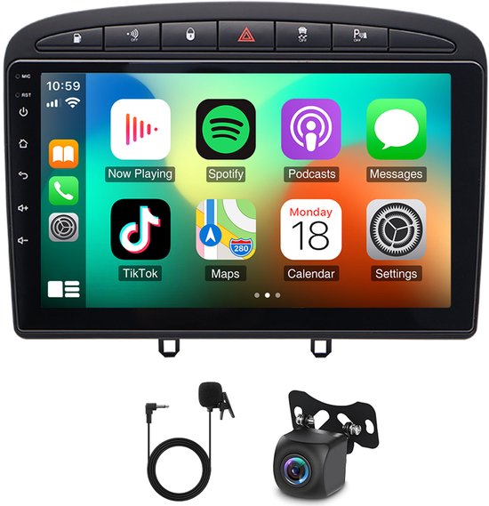 9 Inch 2 Din Android 13 Autoradio 4G+64G - voor Peugeot 308 2007-2015 | Compatibel met CarPlay & Android Auto, GPS Navigatie + AHD Achteruitrijcamera