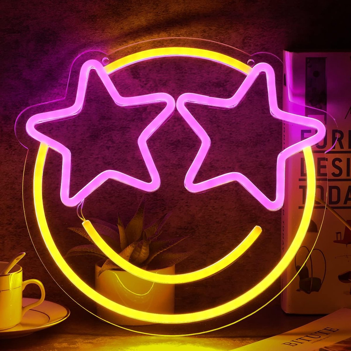 Daity 1 stuk - Neonlicht met smileygezicht - LED-neonlicht - wanddecoratie - dimbaar neonlicht - geschikt voor slaapkamer - speelkamer - bardecoratie - geel en roze gloeiend neonlicht - geschikt voor bruiloften en verjaardagsfeestjes (33*31cm)