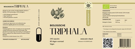 Etiket 'Biologische Triphala' met ingrediënten, voedingswaarde en QR-code. Bovenkant met vruchten.