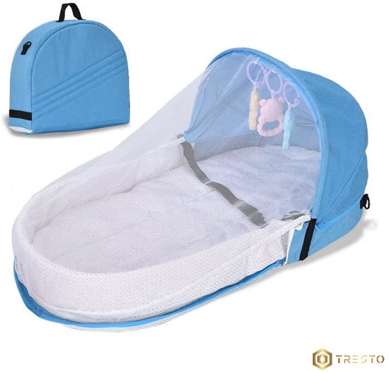 Foto: Tresto opvouwbaar draagbaar babybed babynest met klamboe en hangspeeltjes draagtas ideaal voor gemakkelijk reizen lichtblauw