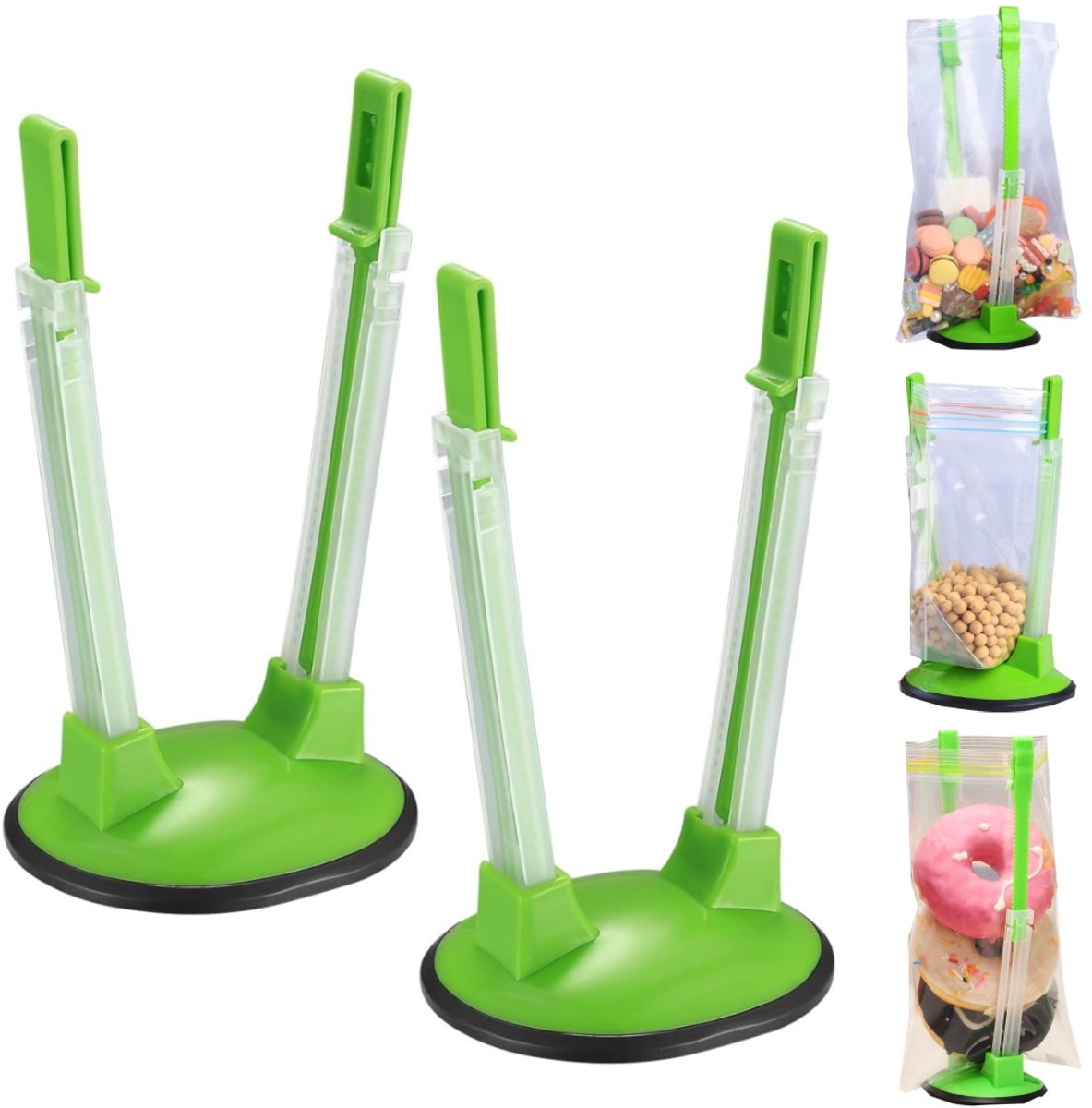 2 pack voedselzak houder - diepvrieszak houders - tassteunen - telescopische zakhouders - keukentashangers - geschikt voor gesloten zakken, voedselzakken, theezakjes, diepvrieszakken (18*10,3 cm - groen)