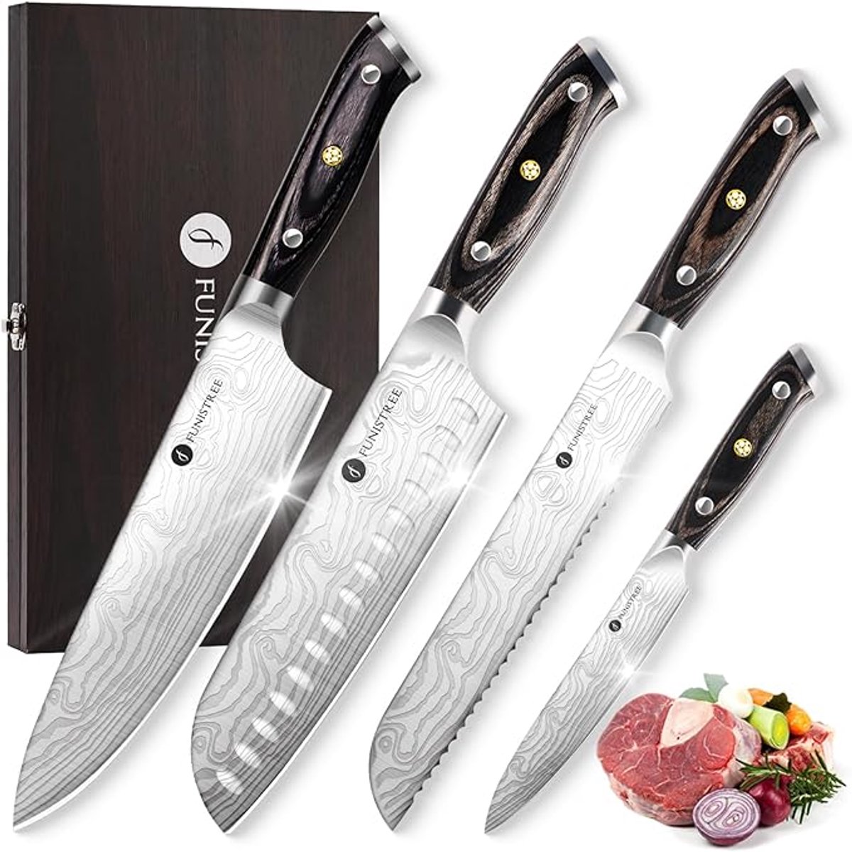 Keukenmessenset 4-delig – Duits Roestvrij Staal 5Cr15MoV – Chefmes 20 cm, Broodmes 20 cm, Santoku 17 cm, Universeel 13 cm – Extreem Scherp – Ergonomische Houten Handgreep – Kerstcadeau