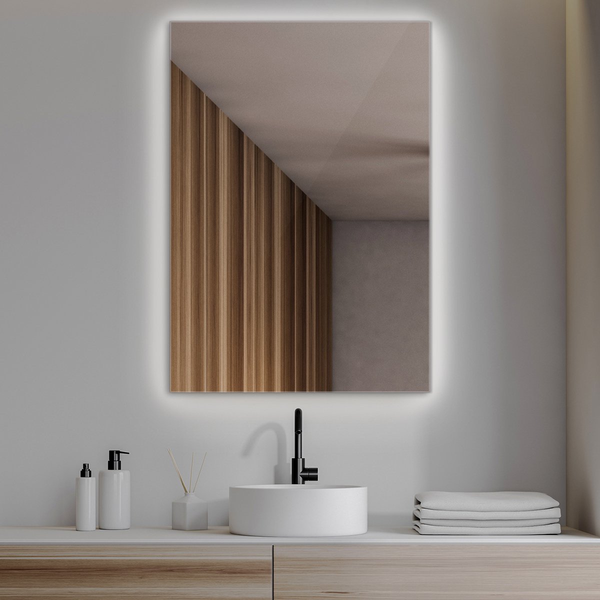 Coloray Decoratieve Rechteckige LED Spiegel - Strakke Rechteckige LED Spiegel - 70 cm x 50 cm - Boho Rechteckige LED Spiegel - Designerspiegel Rechteckig LED - Koel Licht - Luxe Rechteckige LED Spiegel