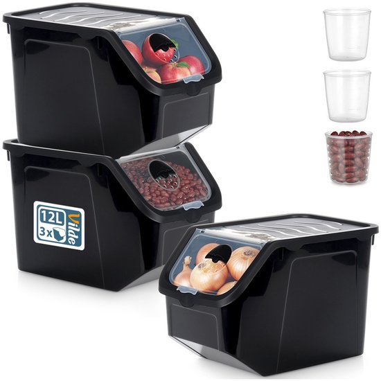 Caisse à fruits et légumes avec couvercle Zwart 12 l 3 pièces - Bac à pommes de terre - Pot à pommes de terre - Boîte de rangement - Conteneur - Organisateur de réfrigérateur - Opbergbox - Caisse à fruits