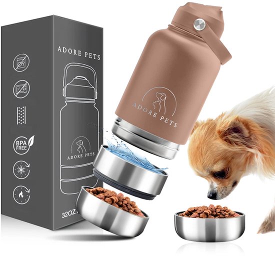 4-in-1 Draagbare Drinkfles / Voerbak voor Honden en Katten - Bruin - Inclusief Voerbak & Waterbak - Roestvrij Staal & BPA-vrij
