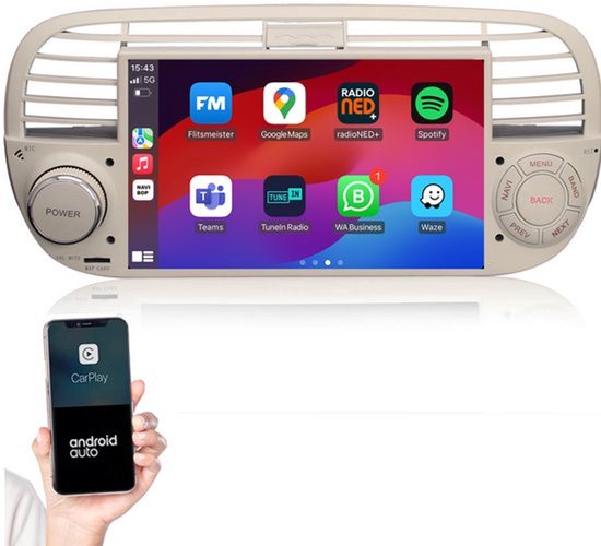 Android 13 autoradio Fiat 500 2007-2015 7 inch HD touchscreen CarPlay Android Auto GPS wit/beige