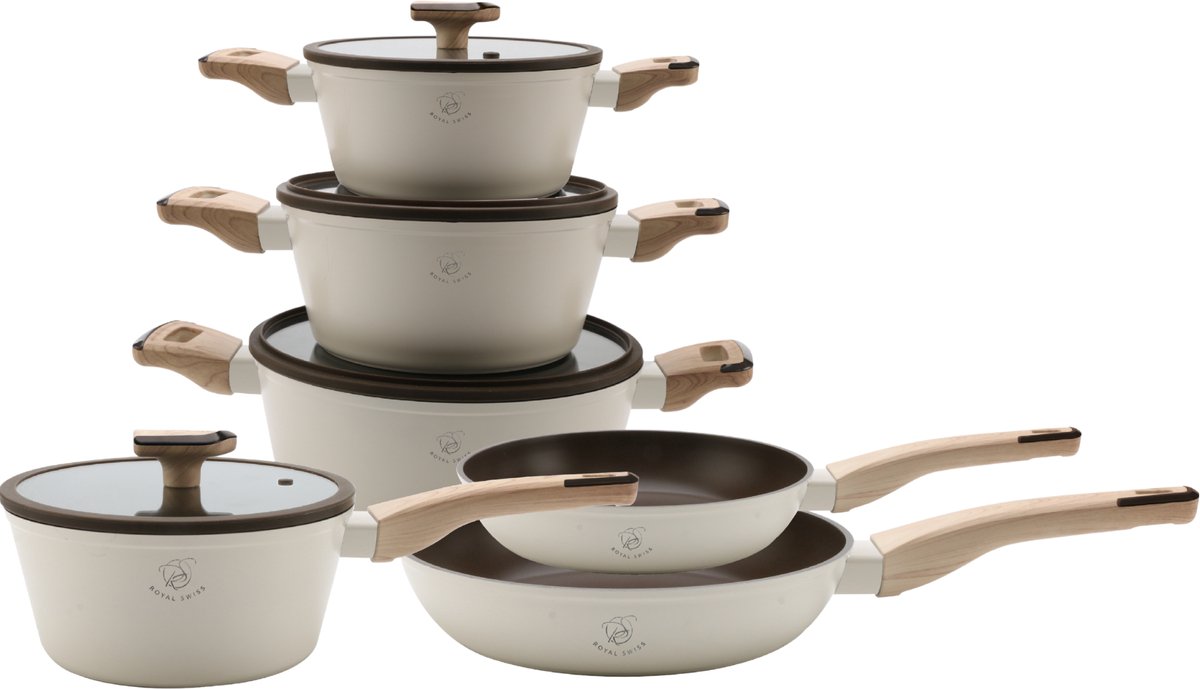 Royal Swiss® 10-delige pannenset – Inductie Geschikt – Marmer Anti-aanbaklaag – PFAS-vrij – Beige