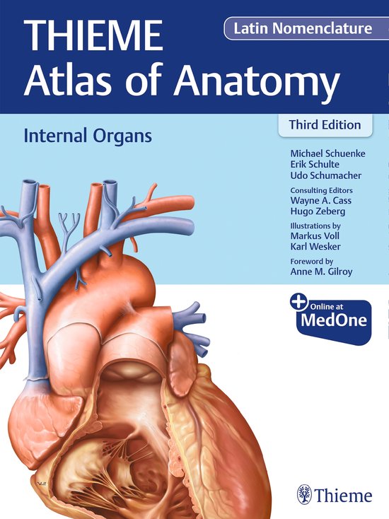THIEME Atlas of Anatomy - Interne Organen, derde editie, met Latijnse nomenclatuur en illustratie van een menselijk hart.