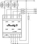 Schema van de Shelly Pro 3 met motoren, RC snubber, 3 lampen, 3 zekeringen en connectoren.