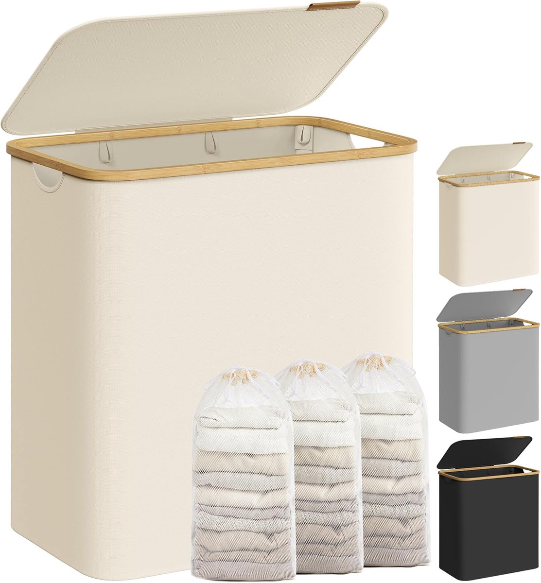 SONGMICS LCB515W01 Wasmand met 3 vakken, 150 liter, wasmand met opvouwbaar deksel, afneembare waszak, oxfordstof, handgrepen van bamboe, opvouwbaar, 60 x 38,5 x 70,5 cm, crèmewit