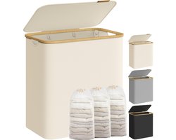 SONGMICS LCB515W01 Wasmand met 3 vakken, 150 liter, wasmand met opvouwbaar deksel, afneembare waszak, oxfordstof, handgrepen van bamboe, opvouwbaar, 60 x 38,5 x 70,5 cm, crèmewit