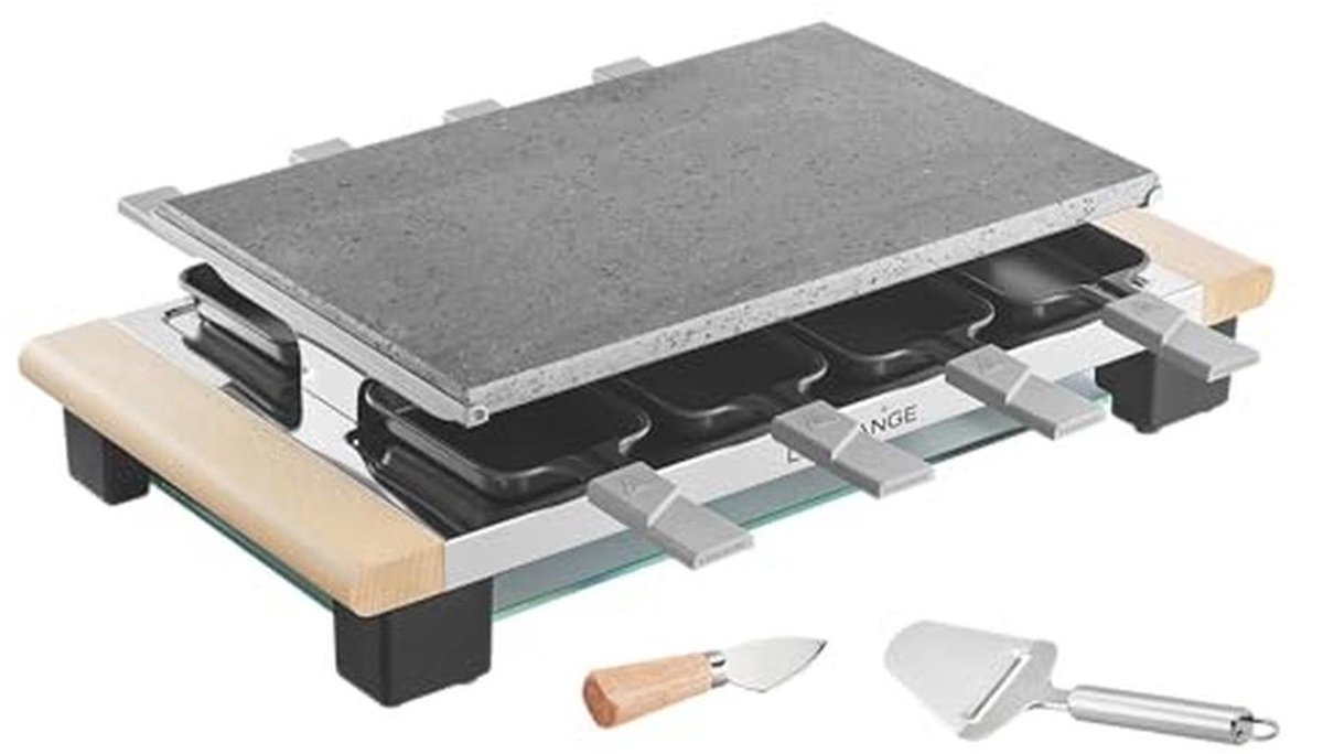 Raclette met accessoires in licht hout - 8 pannetjes en kaassnijder