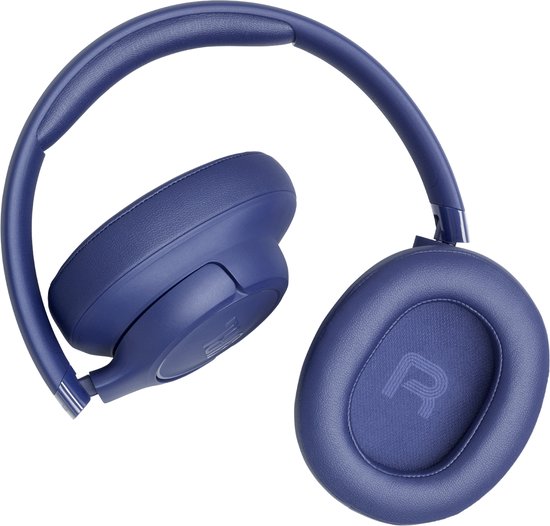 Blauwe JBL Tune over-ear koptelefoon, met letters L en R op de oorschelpen.