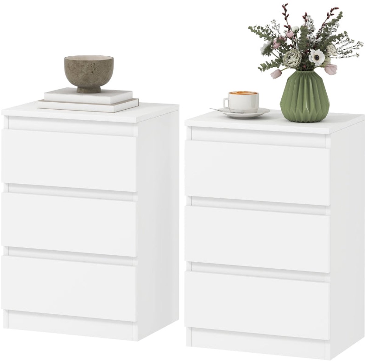 Merax Nachtkastjes Set van 2 – Witte Nachtkastjes met 3 Lades – Moderne Nachtkommode voor Slaapkamer – 40×30×59,5 cm – Bijzetkastjes met Opberglades