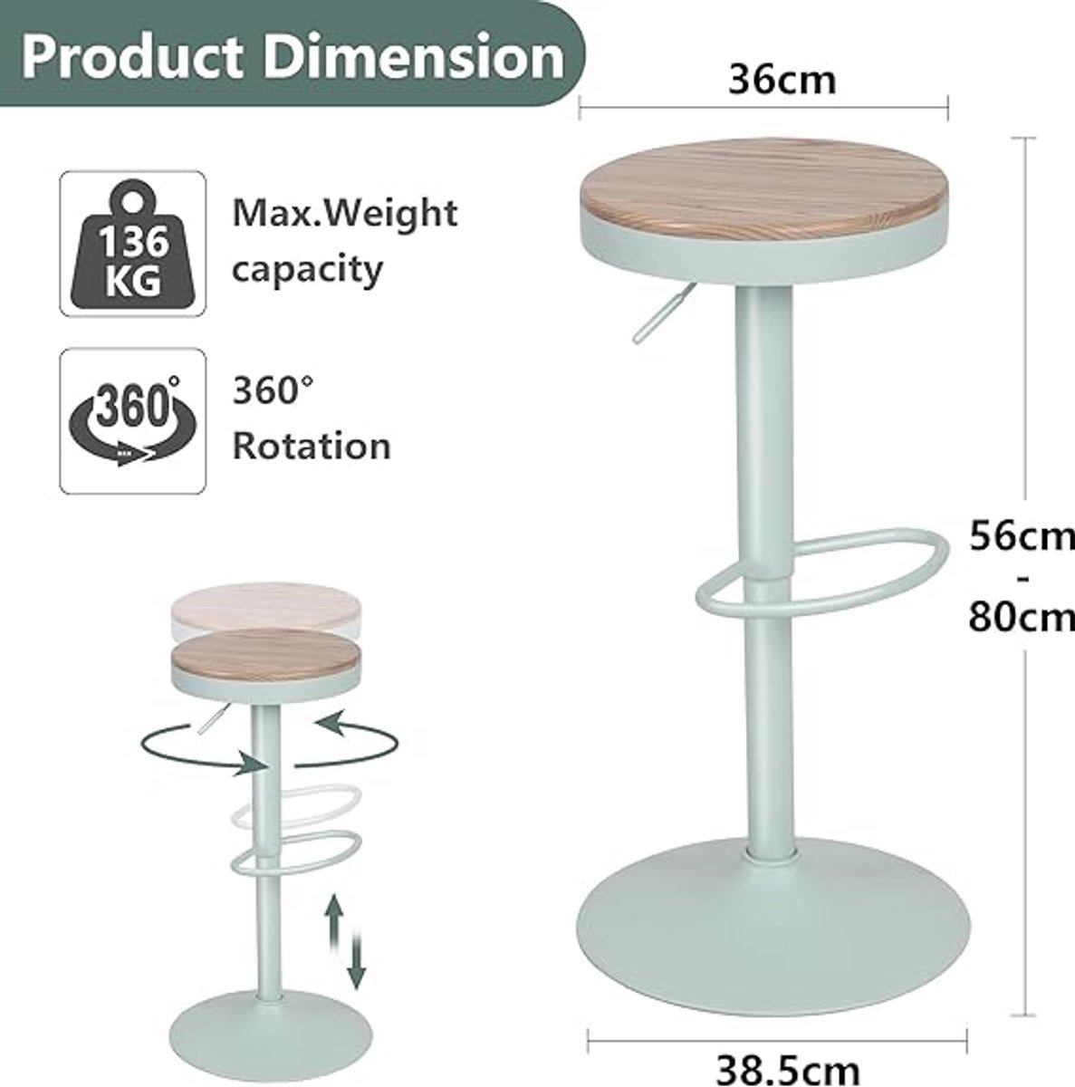 Set van 2 Design Barkrukken met Rugleuning Hoogteverstelbaar - 360° Draaibaar - Wit - Medahomestore
