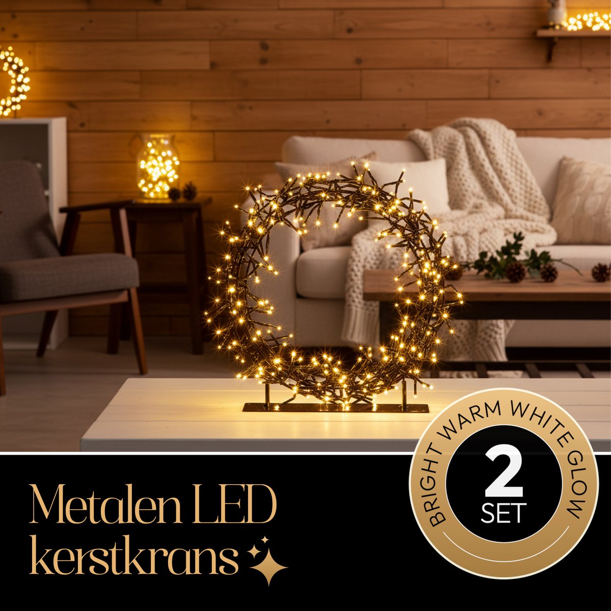 Meisterhome® 2 delige set LED Kerstkrans met standaard – Ø30 & Ø45 cm – 280 & 440 LEDS - IP44 - Warm wit - Kerstverlichting voor binnen en buiten - Timer & dimmer - Verlichting - Kerstversiering – Kerstdecoratie - Verlichte kerstkrans – foto 2