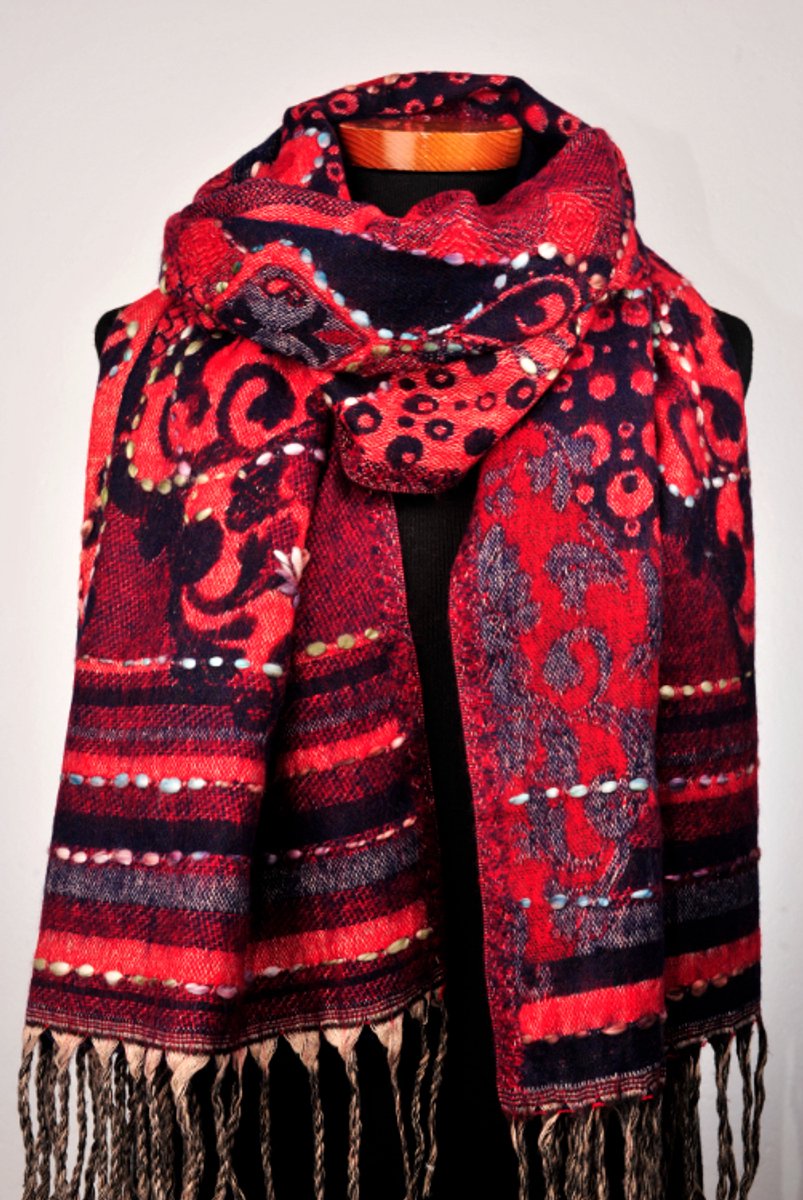 Wollen geborduurde sjaal en omslagdoek Rood Blauw - 70 X 200 cm - Met de hand geborduurd