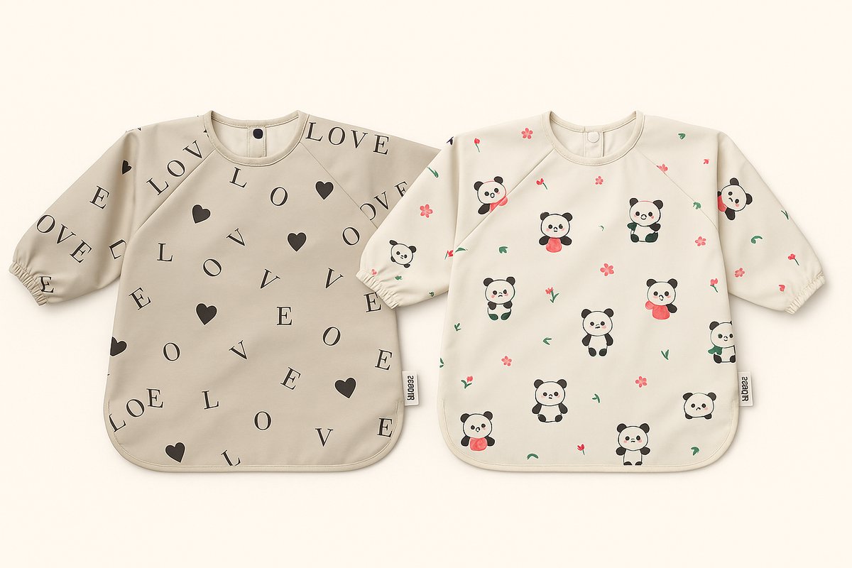 AliRose – Set van 2 Waterafstotend Eet- & Knutseljasjes met Lange Mouwen | Dikke & Sterke Variant | Anti-Knoei Bibs | LOVE + Panda | Comfortabele Sluiting