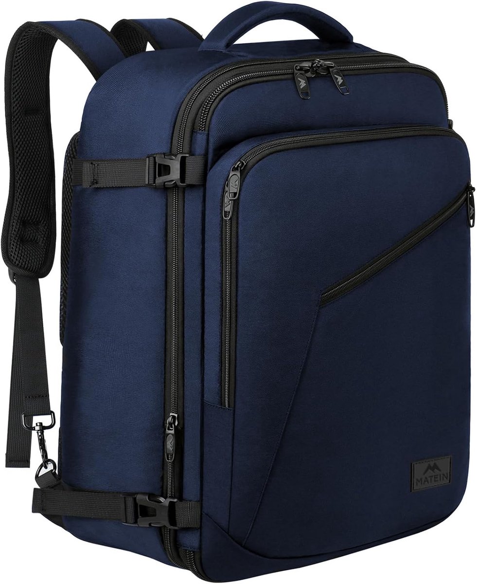 Matein Uitbreidbare Reisrugzak 40L voor Vliegtuig Handbagage – Cabin Rugzak 50×35×20 cm, Lichtgewicht Reistas Backpack voor Dames & Heren, Geschikt voor Zakenreis & Weekend, Blauw