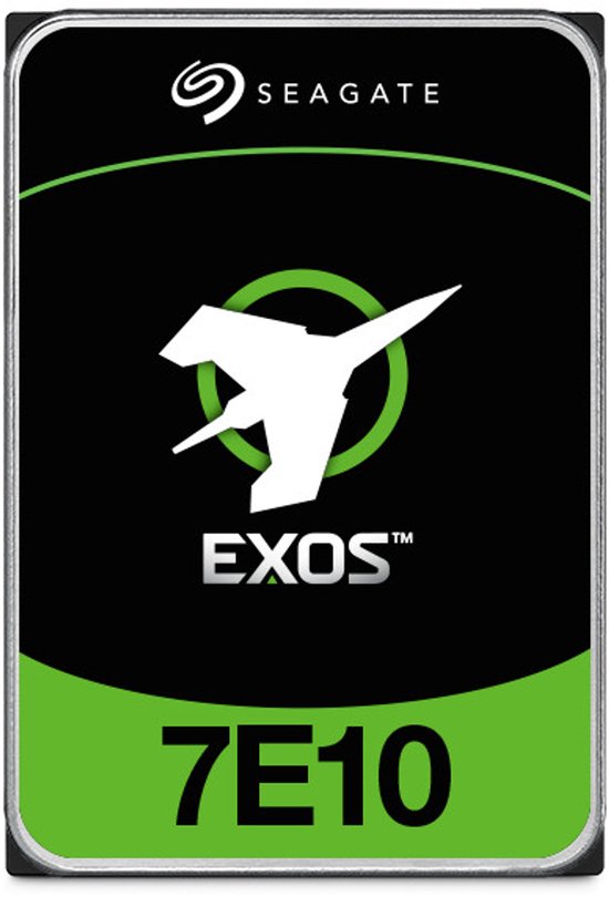 Seagate Exos 7E10 harde schijf, zwart met groene accenten en logo.