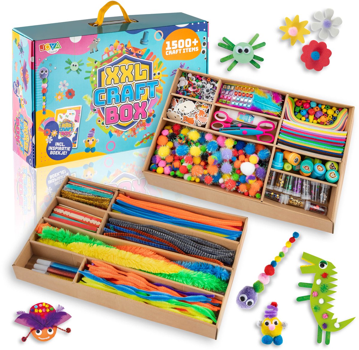 Knutseldoos XXL - 1500+ Knutselitems - Knutselpakket voor Kinderen - Inclusief Inspiratieboekje, Glitter, Vilt, Pijpenragers, Foam, Stempels & Veilig Scharen - Creatieve Knutselkoffer 3+ Jaar - Joya Creative