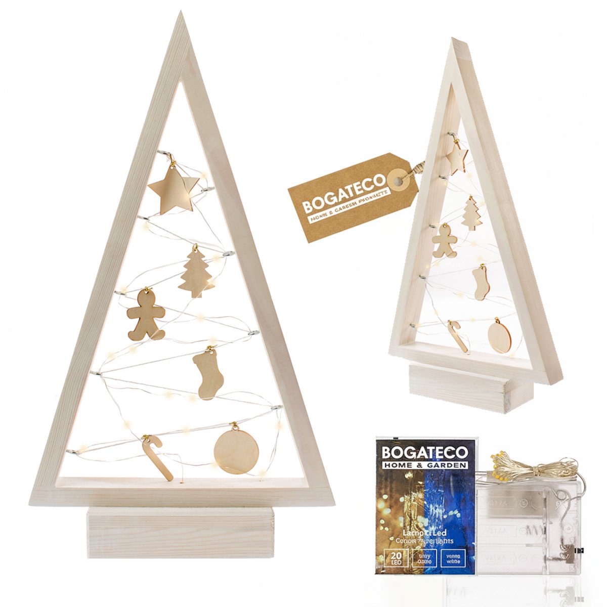 BOGATECO houten kerstboom met LED 52cm hoog | Inclusief houten decoratie | Kerstversiering | 20 LED | Wit