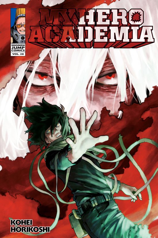 Manga cover van My Hero Academia Vol. 28, met Izuku Midoriya die zijn hand uitstrekt tegen een rode achtergrond met Tomura Shigaraki's ogen.