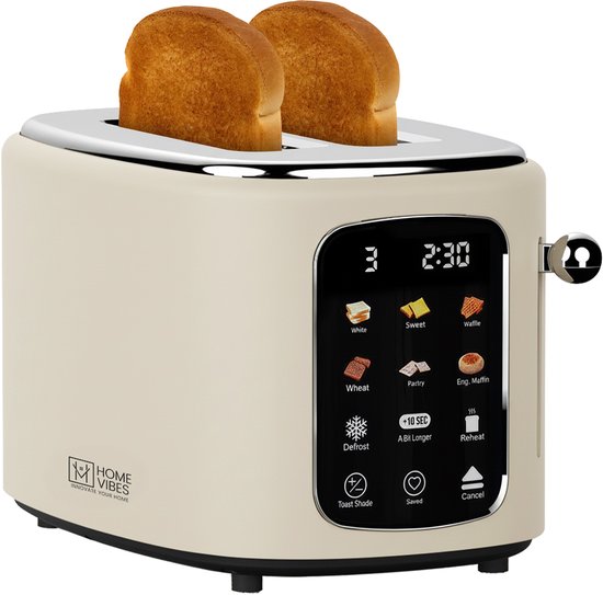 Home Vibes® Broodrooster – Toaster – Met Touch LED Display - 6 Voorprogramma’s – Grille Pain – Brood Rooster - Brede Sleuven - 800W – Mat Beige