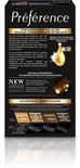 Doos L'Oréal Paris Préférence, detail van de haarolie en kleurengids met bruin- tot zwarttinten.