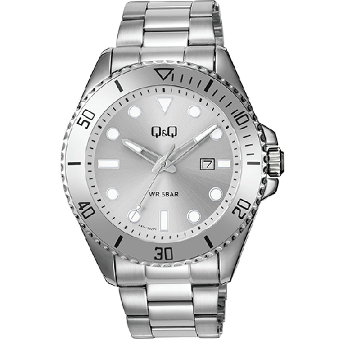 QQ-Herenhorloge-model a41a-002-zilverkleurig-datum-robuust model 44 mm-5 atm waterdicht-schakelband