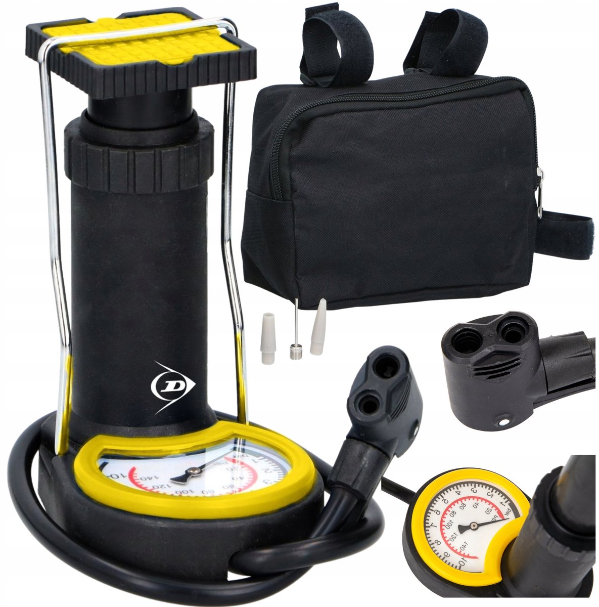 Dunlop Voetpomp met Manometer, 3 Adapters & Etui