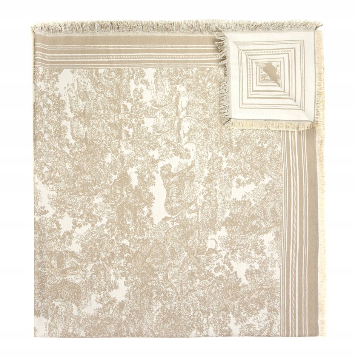 Dames Sjaal met Franjes - Zacht, Groot, Elegant - Beige met Ecru Patroon