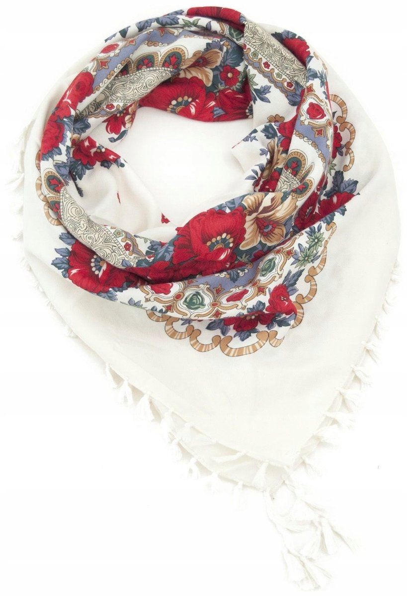 Folk sjaal met bloemenprint en franjes - wit, veelkleurig