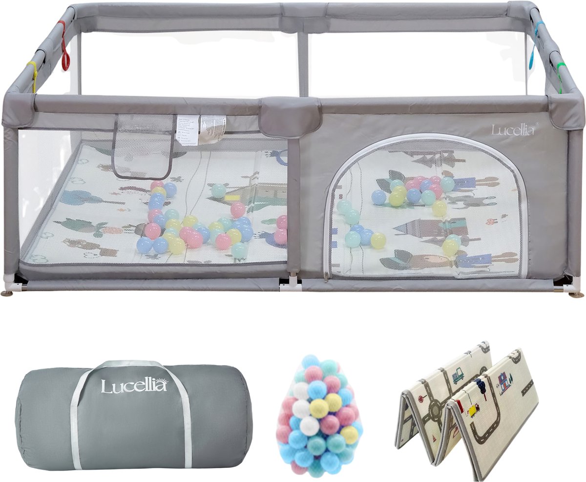 Lucellia® Grondbox Baby - Speelbox & Kinderbox – Inclusief Dubbelzijdige Speelmat & 30 Ballen & 4 optrek handgrepen – Licht Grijs – 160x120x66 cm