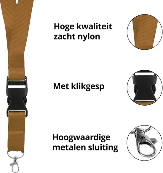 Bruine keycord met klikgesp en metalen sluiting. Hoge kwaliteit zacht nylon.
