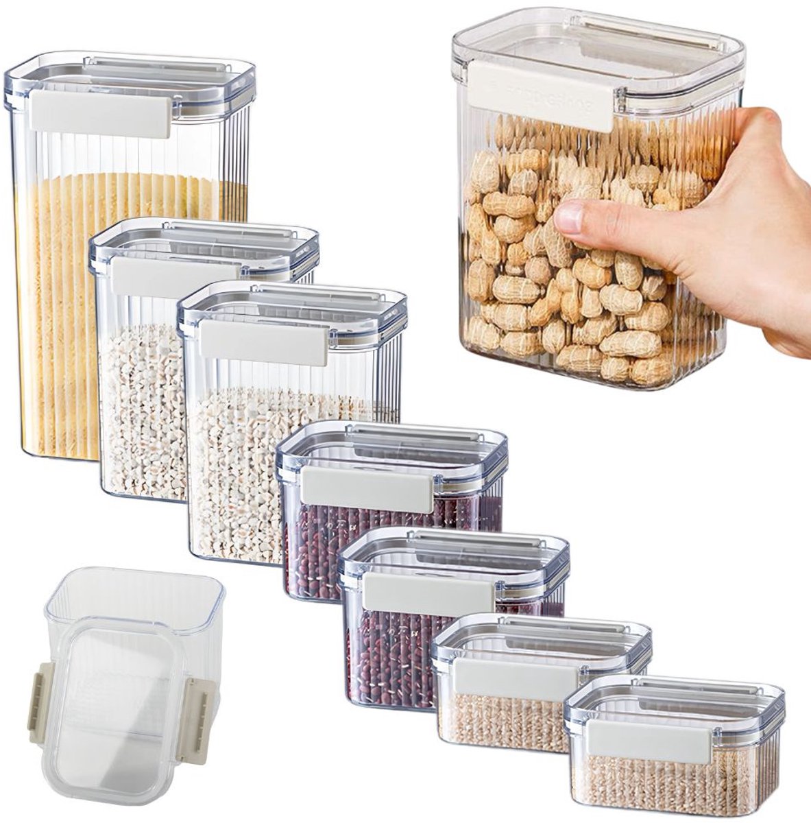 Voorraadpotten - 7 Stuks Voorraadbussen - Voorraadpotten met Luchtdichte Deksels - Kunststof - BPA vrij - Ribbel Design - Stapelbaar
