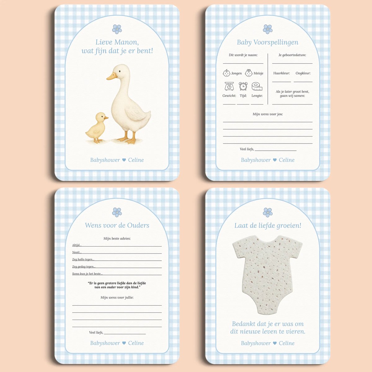 Gepersonaliseerd Invulkaarten Starterspakket Gingham Blauw met Gansjes – 20 kaarten op Premium Biotop 300 g/m² – Voor Babyshower, Gender Reveal, Kraamborrel of Moment naar Keuze – Cadeau & Decoratie | Studio Miron
