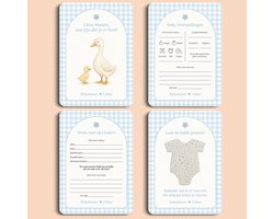 Gepersonaliseerd Invulkaarten Starterspakket Gingham Blauw met Gansjes – 20 kaarten op Premium Biotop 300 g/m² – Voor Babyshower, Gender Reveal, Kraamborrel of Moment naar Keuze – Cadeau & Decoratie | Studio Miron