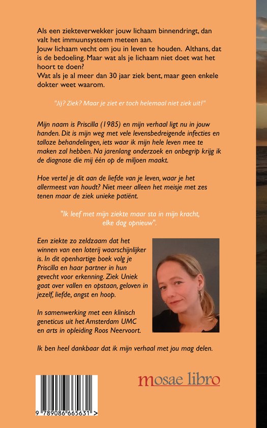 Portret van een vrouw met bruin haar en een lichtroze shirt, met de tekst 'Ziek Uniek'.