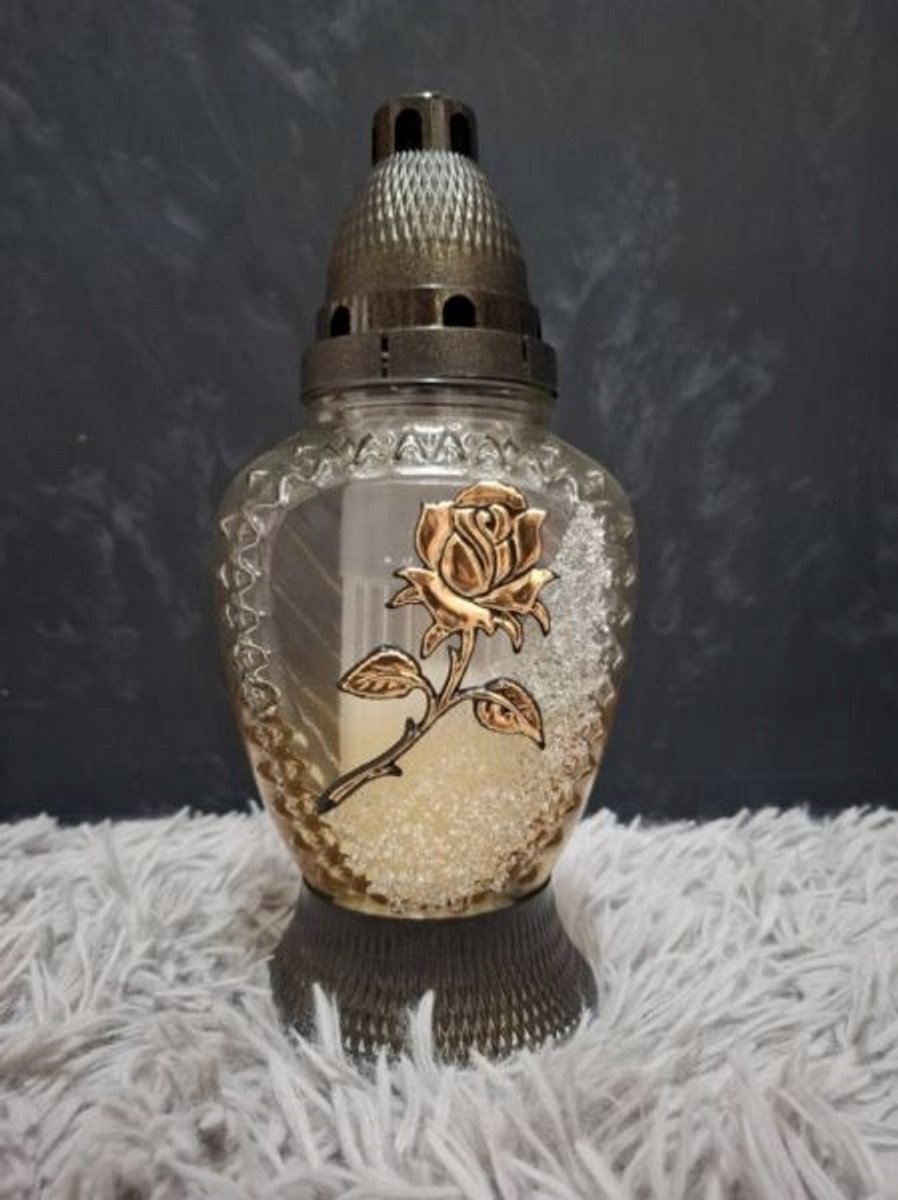 Gouden Glazen Znicz 24cm met Roos - Klassieke Graf Lantaarn