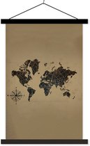 Décoration murale - Carte du Wereldkaart - Zwart - Rose des vents - Affiche scolaire - 60x90 cm