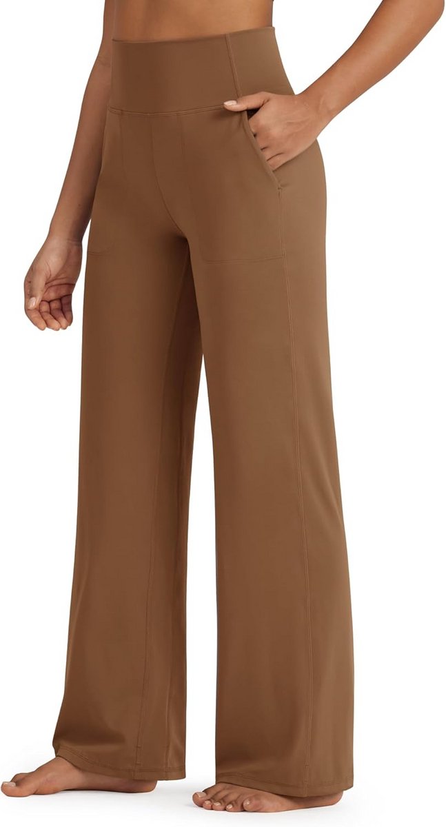Hoge Taille Yoga Broek Vrouwen Zachte Stretch Wijde Pijpen Casual Broek met Zakken