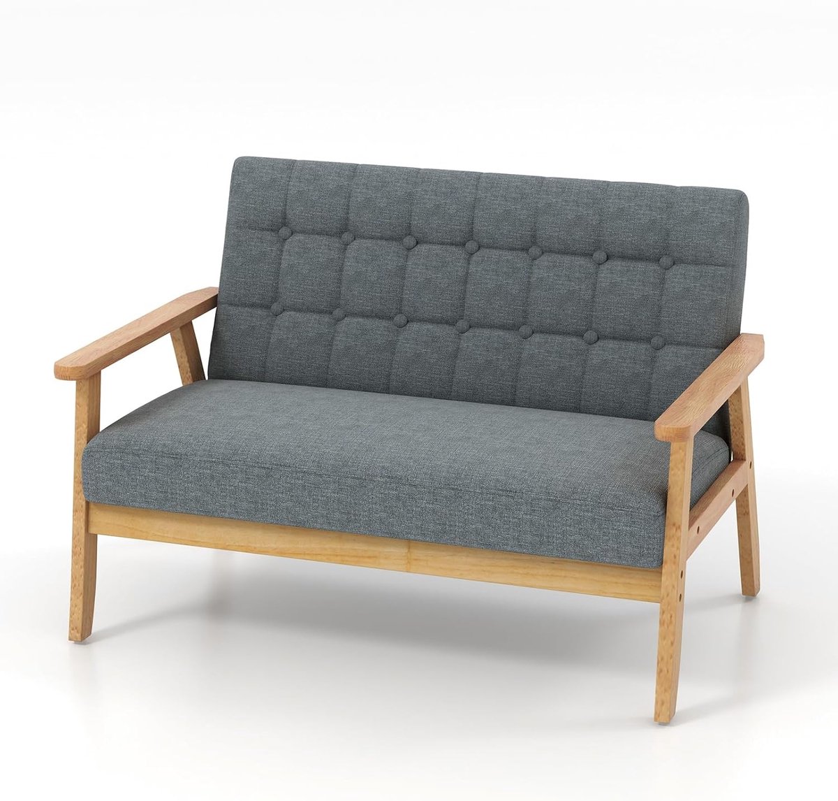 COSTWAY 2-zits bank, stoel van massief houten frame en linnen, gestoffeerde bank, tweezitsbank, tweezitsbank, tot 250 kg, voor slaapkamer, woonkamer, kantoor, 114 x 72 x 77 cm, grijs