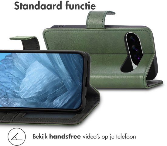 Groene book case met opengeklapte telefoon waarop "Standaard functie" staat.