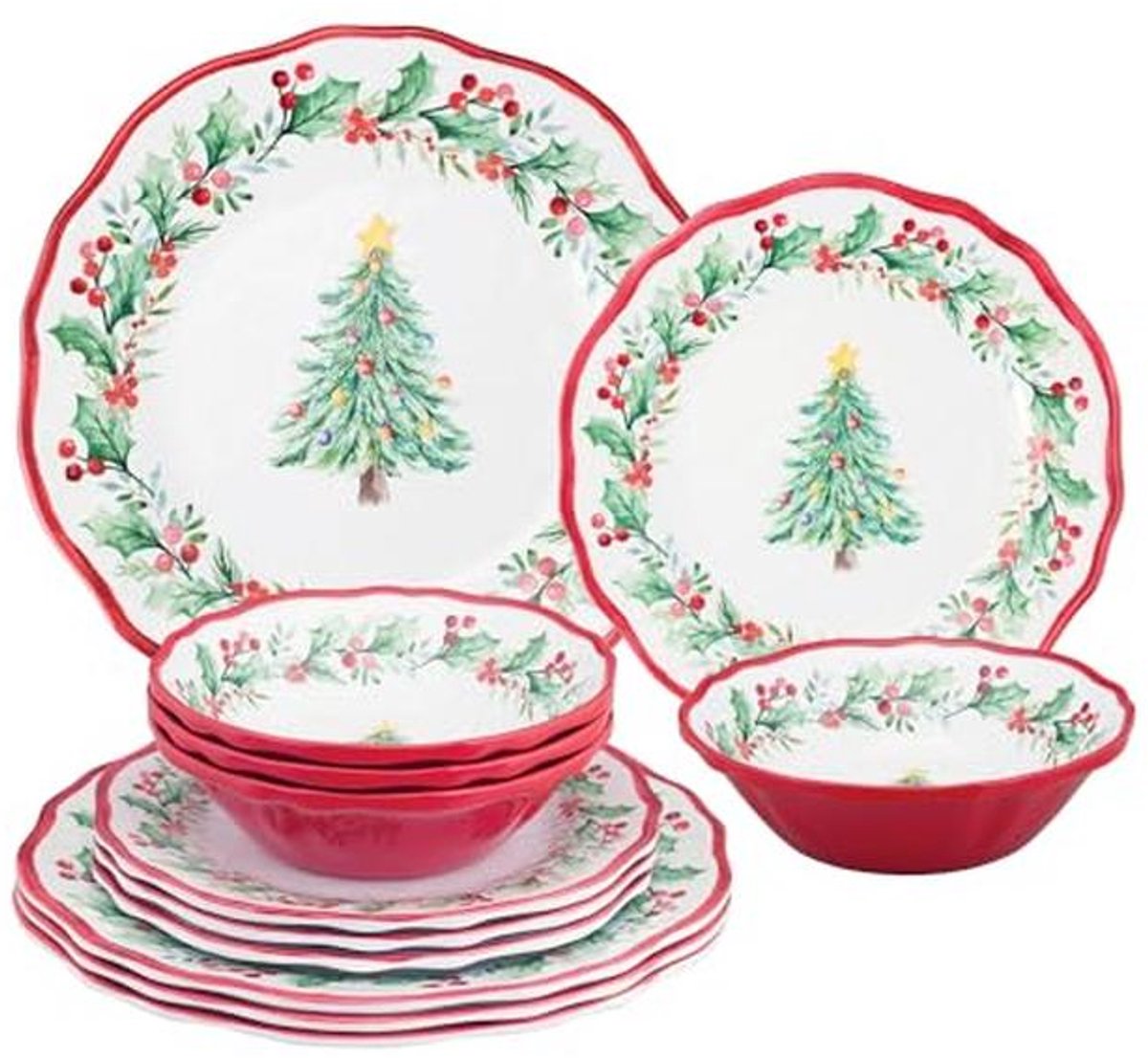12-delige melamine serviesset met kerstboomprint voor 4 personen